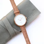Anaii Ladies Modern Font Engraving White Face Watch With Hazel Wood Strap - Image 3