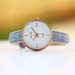 Anaii Ladies Modern Font Engraving White Face Watch With Lake Blue Strap