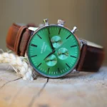 Architect London Men's Motivator Modern Font Engraving Green Face Watch With Walnut Leather Strap