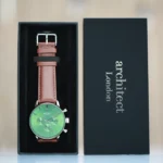 Architect London Men's Motivator Modern Font Engraving Green Face Watch With Walnut Leather Strap - Image 2