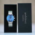 Architect London Men's Motivator Modern Font Engraving Blue Face Watch With Silver Mesh Strap - Image 3