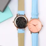 Architect London Ladies Modern Font Engraving Coral Face Watch With Light Blue Leather Strap - Image 2