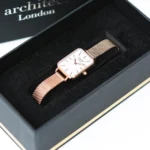 Architect London Lille Ladies Modern Font Engraving White Face Watch With Rose Gold Mesh Strap - Image 3