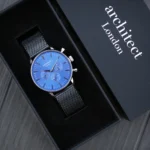 Architect London Men's Modern Font Engraving Architect Motivator Blue Face Watch With Black Strap - Image 4