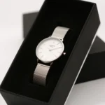 Architect London Ladies Modern Font Engraving Blanc Watch With Silver Bezel + Silver Mesh Strap - Image 4