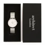Architect London Ladies Modern Font Engraving Blanc Watch With Silver Bezel + Silver Mesh Strap - Image 5