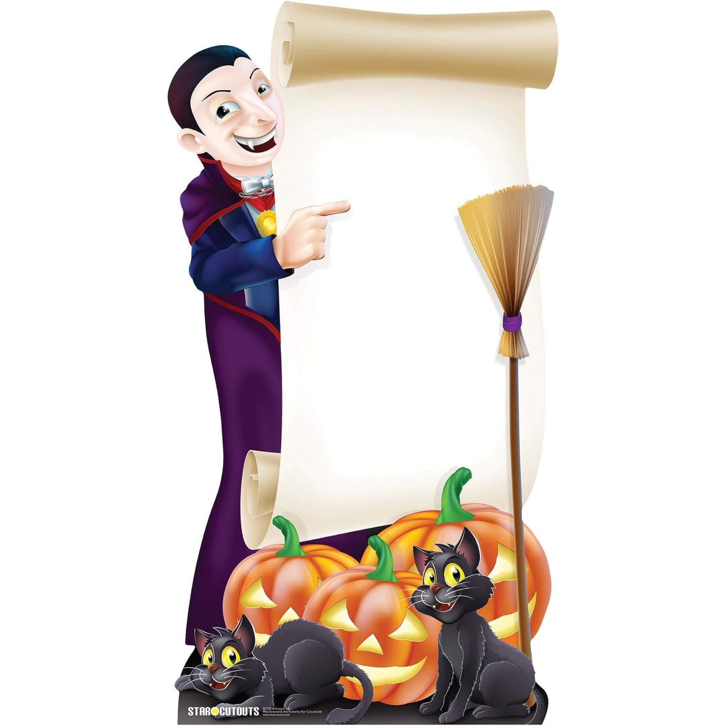 SC723 Cartoon Dracula Holding Sign With Black Cats (Halloween) Lifesize Cardboard Cutout Standee Cartoon Dracula Holding Sign With Black Cats (Halloween) Lifesize Cardboard Cutout / Standee - Image 1