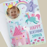 Personalised Children's Princess Castle & Unicorn Design Photo Upload Birthday Card - Image 3