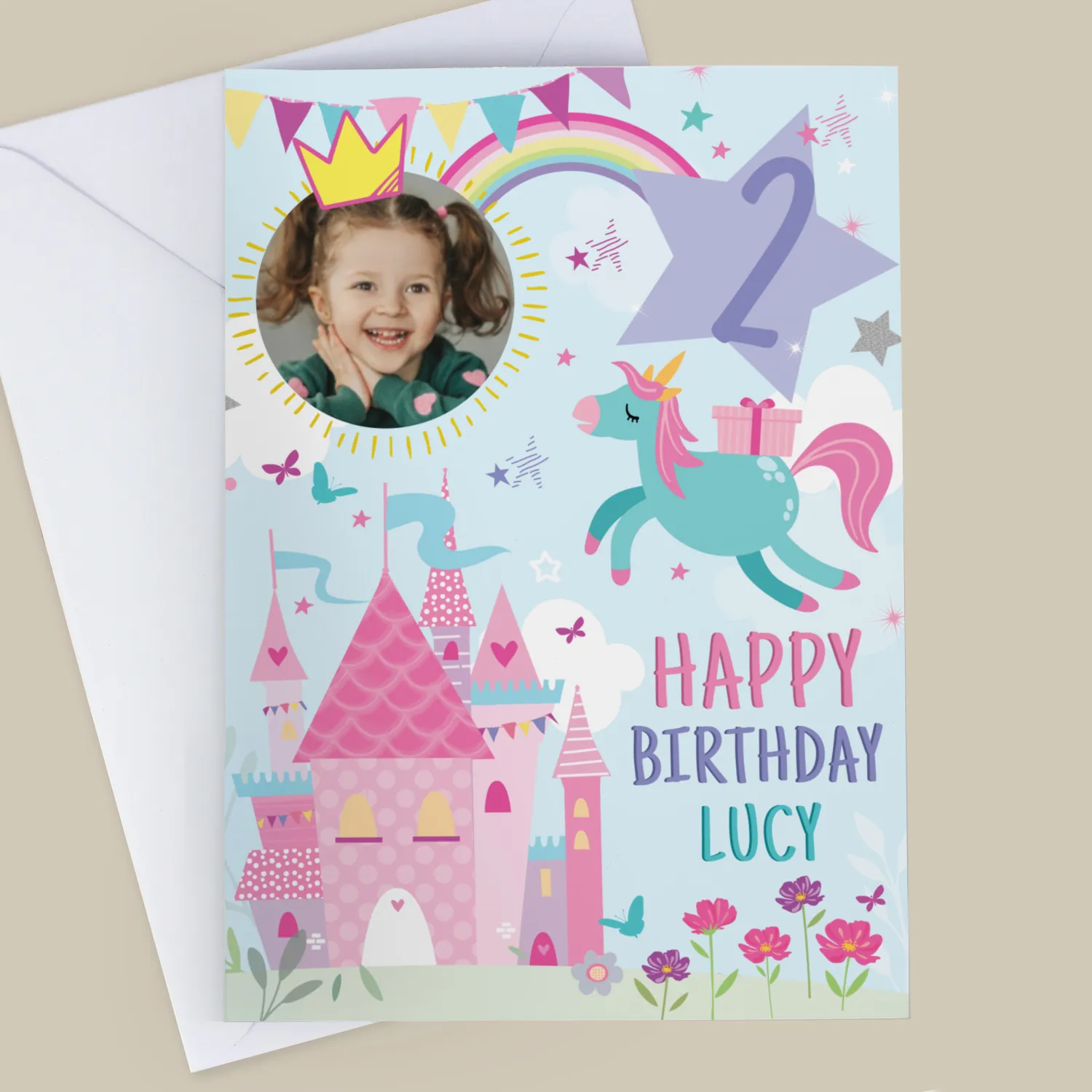 GC00876 Personalised Children's Princess Castle & Unicorn Design Photo Upload Birthday Card Personalised Children's Princess Castle & Unicorn Design Photo Upload Birthday Card - Image 1