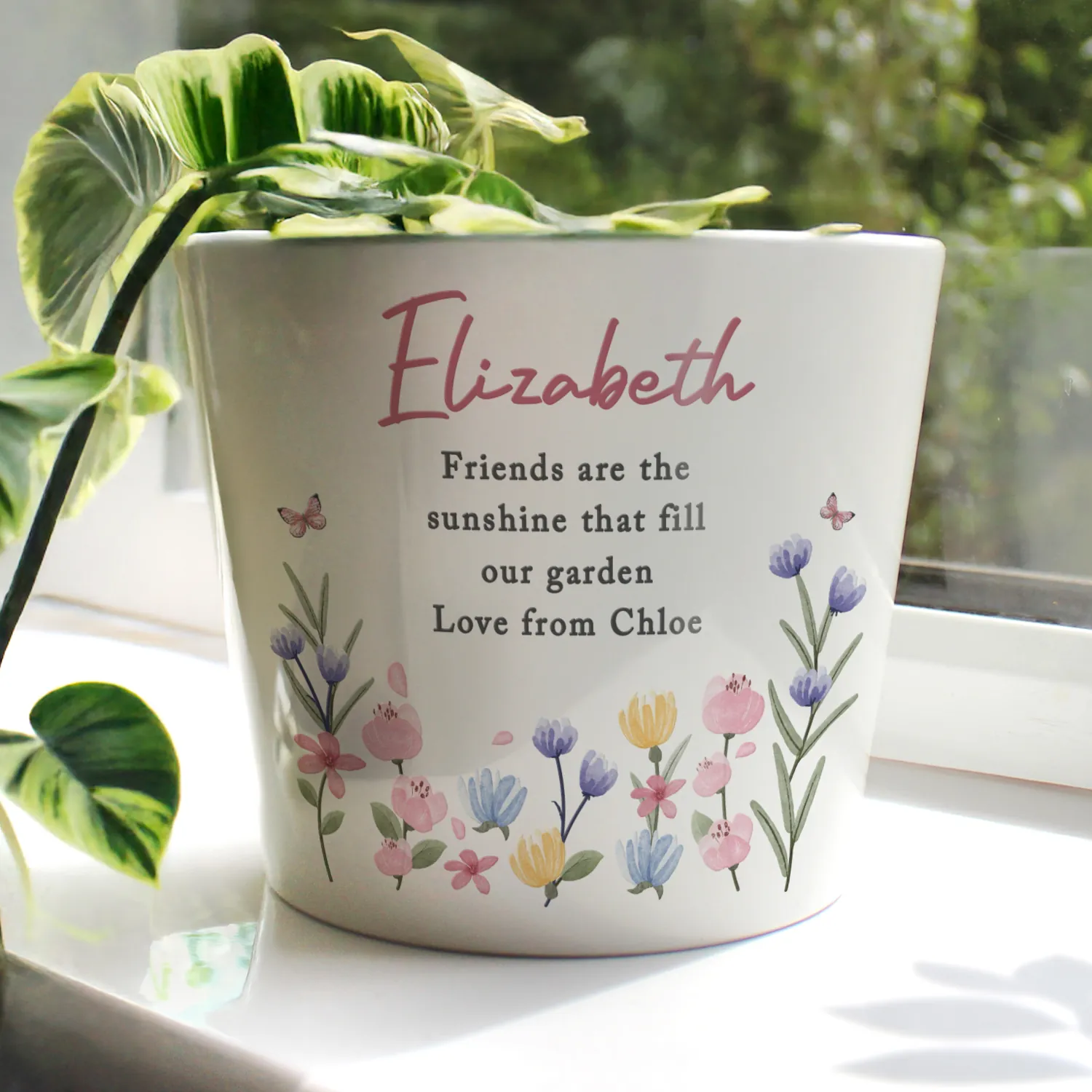 P040509 Personalised Any Message Pretty Floral Design White Ceramic Indoor Plant Pot Personalised Any Message Pretty Floral Design White Ceramic Indoor Plant Pot - Image 1