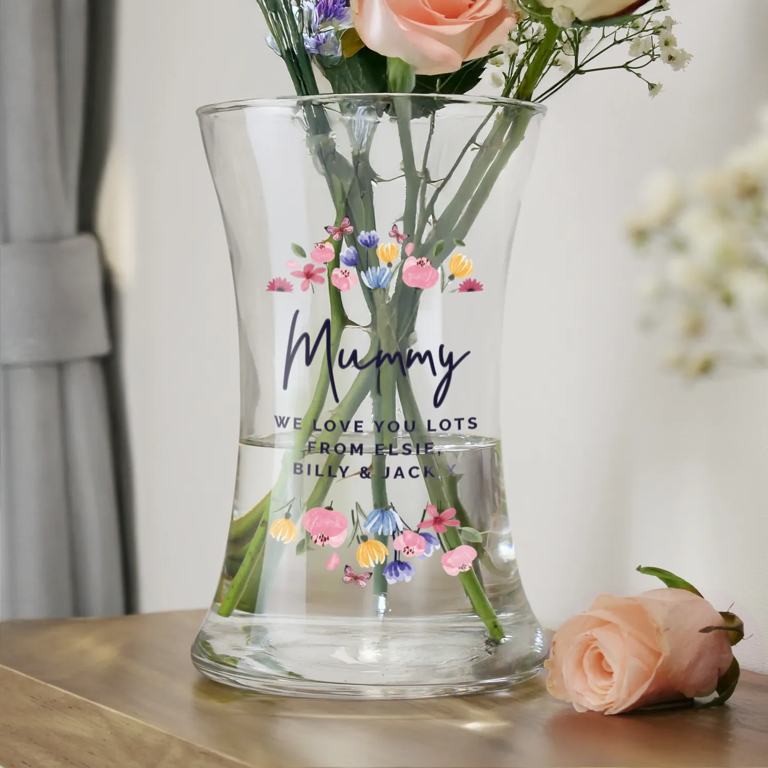 P040716 Personalised Any Message Bright Floral Design Shaped Glass Vase Personalised Any Message Bright Floral Design Shaped Glass Vase - Image 1
