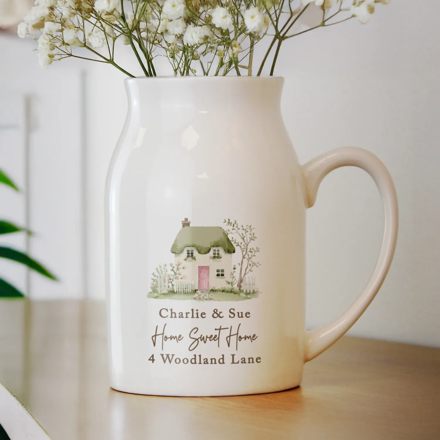 P0805P15 Personalised Country Cottage Design White Ceramic Flower Jug Vase Personalised Country Cottage Design White Ceramic Flower Jug Vase - Image 1