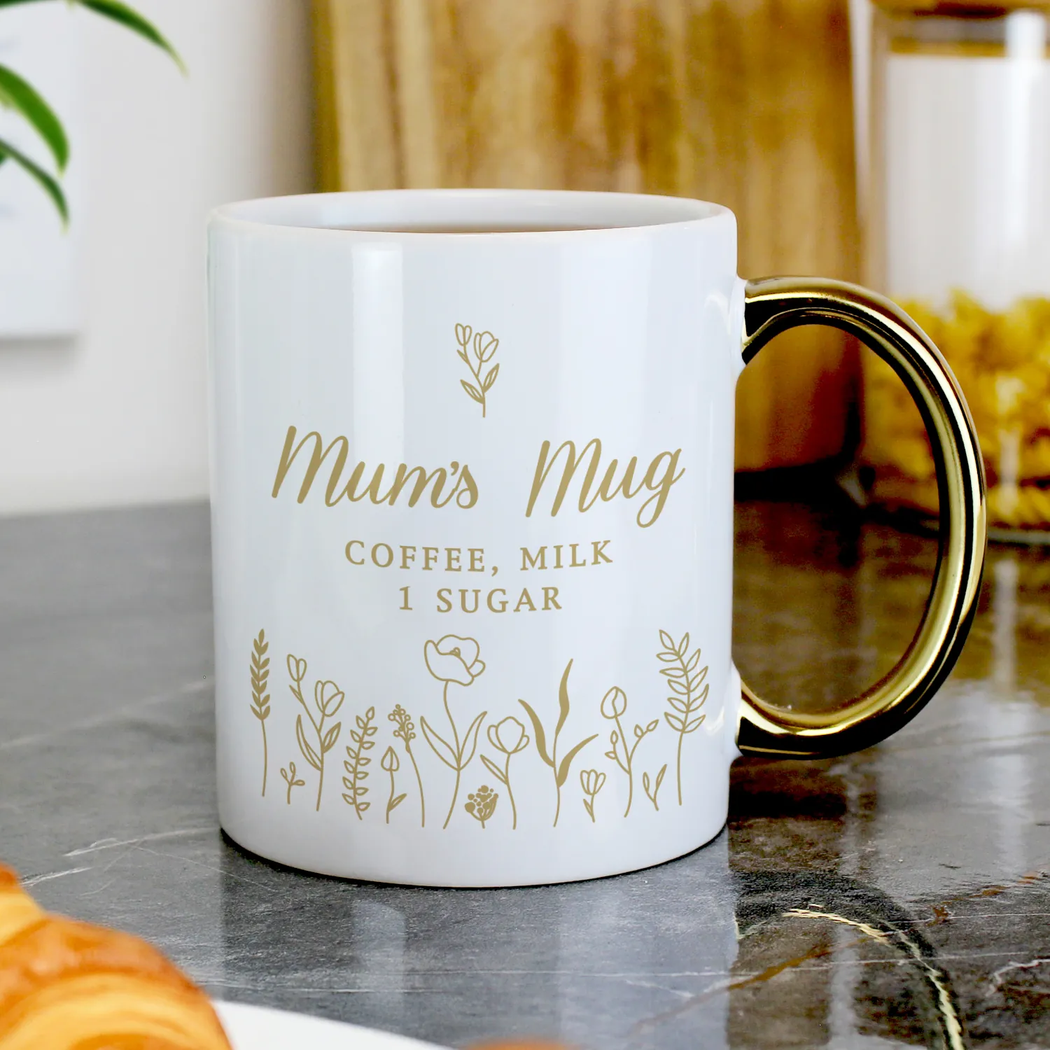 P0805P16 Personalised Any Message Floral Design Gold Handled Ceramic Mug Personalised Any Message Floral Design Gold Handled Ceramic Mug - Image 1