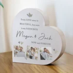 Personalised Any Message Hearts Motif Photo Upload Free Standing Grey Wooden Heart Ornament