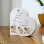 Personalised Any Message Hearts Motif Photo Upload Free Standing Grey Wooden Heart Ornament - Image 3