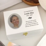 Personalised Any Message Photo Upload Memorial White Wooden Keepsake Box