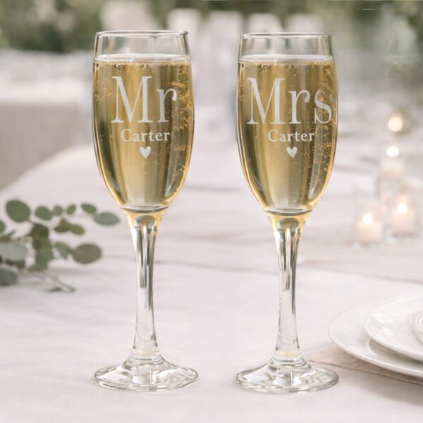 Personalised 'Mr & Mrs' Heart Motif Pair of Glass Champagne Flutes