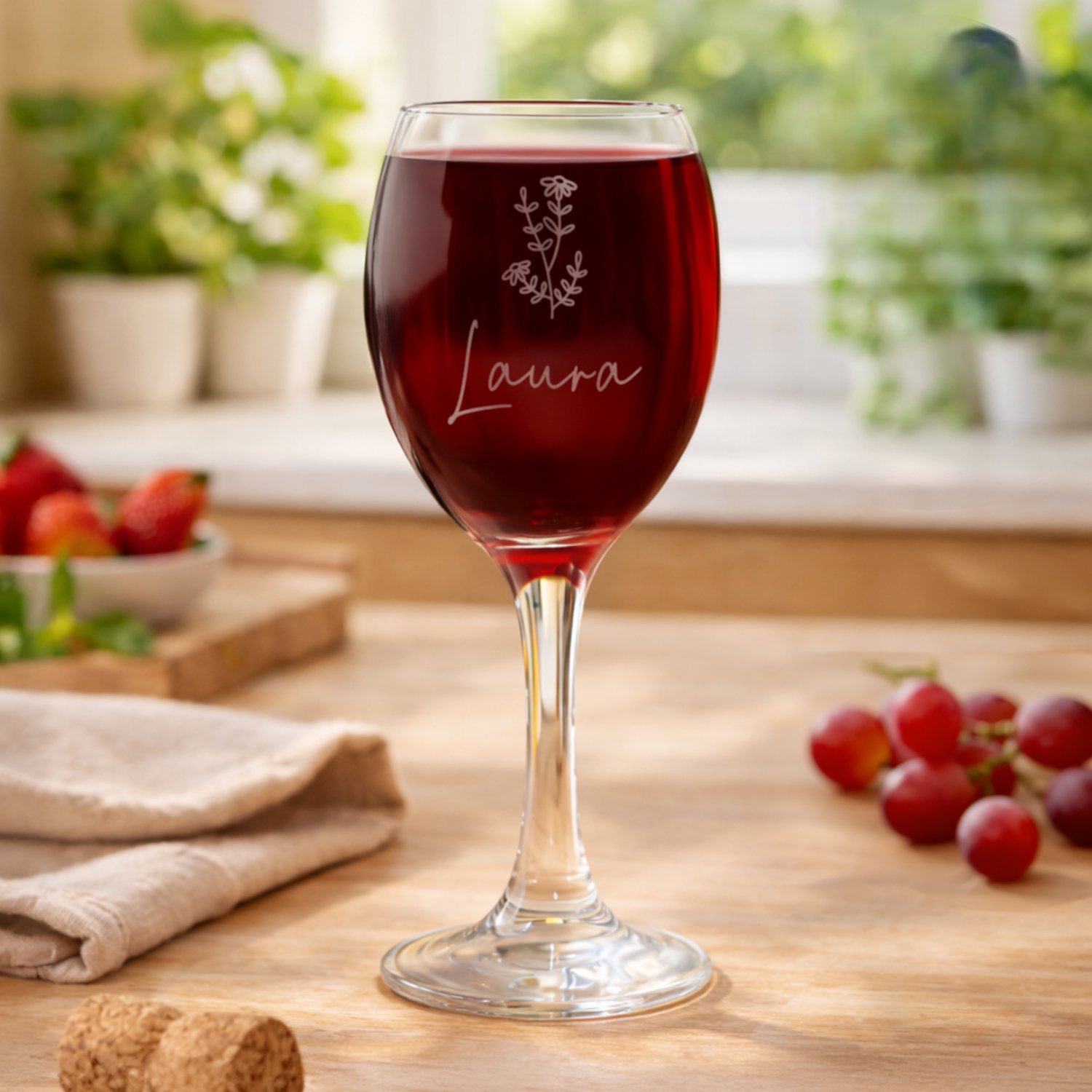 P0107K54 Personalised Name Role Only Flower Motif Wine Glass Personalised Name/Role Only Flower Motif Wine Glass - Image 1