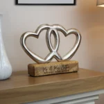 Personalised Any Message (2 Lines) Double Metal Heart Wooden Base Ornament - Image 2