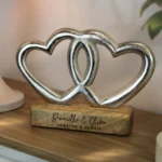 Personalised Any Message (2 Lines) Double Metal Heart Wooden Base Ornament - Image 3