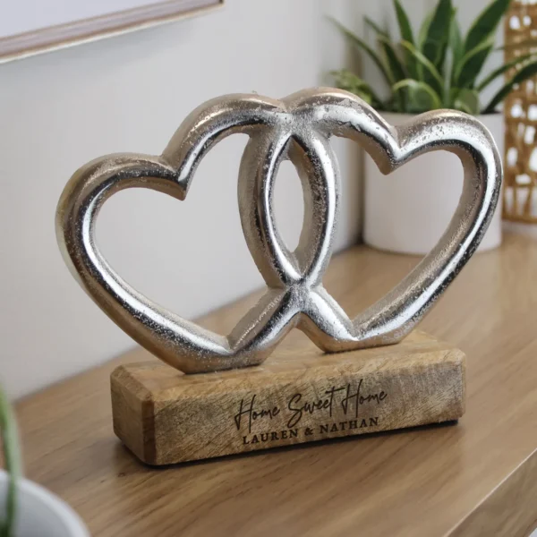 Personalised Any Message (2 Lines) Double Metal Heart Wooden Base Ornament
