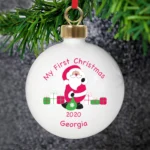 Personalised Santa with Presents Design 'My First Christmas' Ceramic Christmas Bauble - Image 2