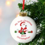 Personalised Santa with Presents Design 'My First Christmas' Ceramic Christmas Bauble - Image 3