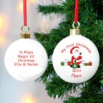Personalised Santa with Presents Design 'My First Christmas' Ceramic Christmas Bauble