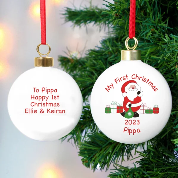 Personalised Santa with Presents Design 'My First Christmas' Ceramic Christmas Bauble