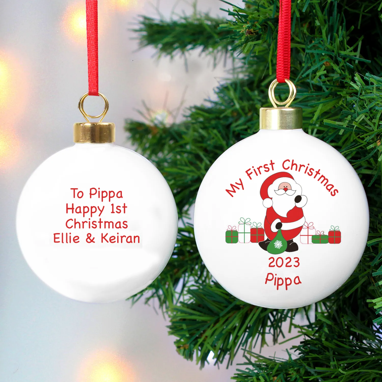 P030599 Personalised Santa with Presents Design 'My First Christmas' Ceramic Christmas Bauble New Personalised Santa with Presents Design 'My First Christmas' Ceramic Christmas Bauble - Image 1