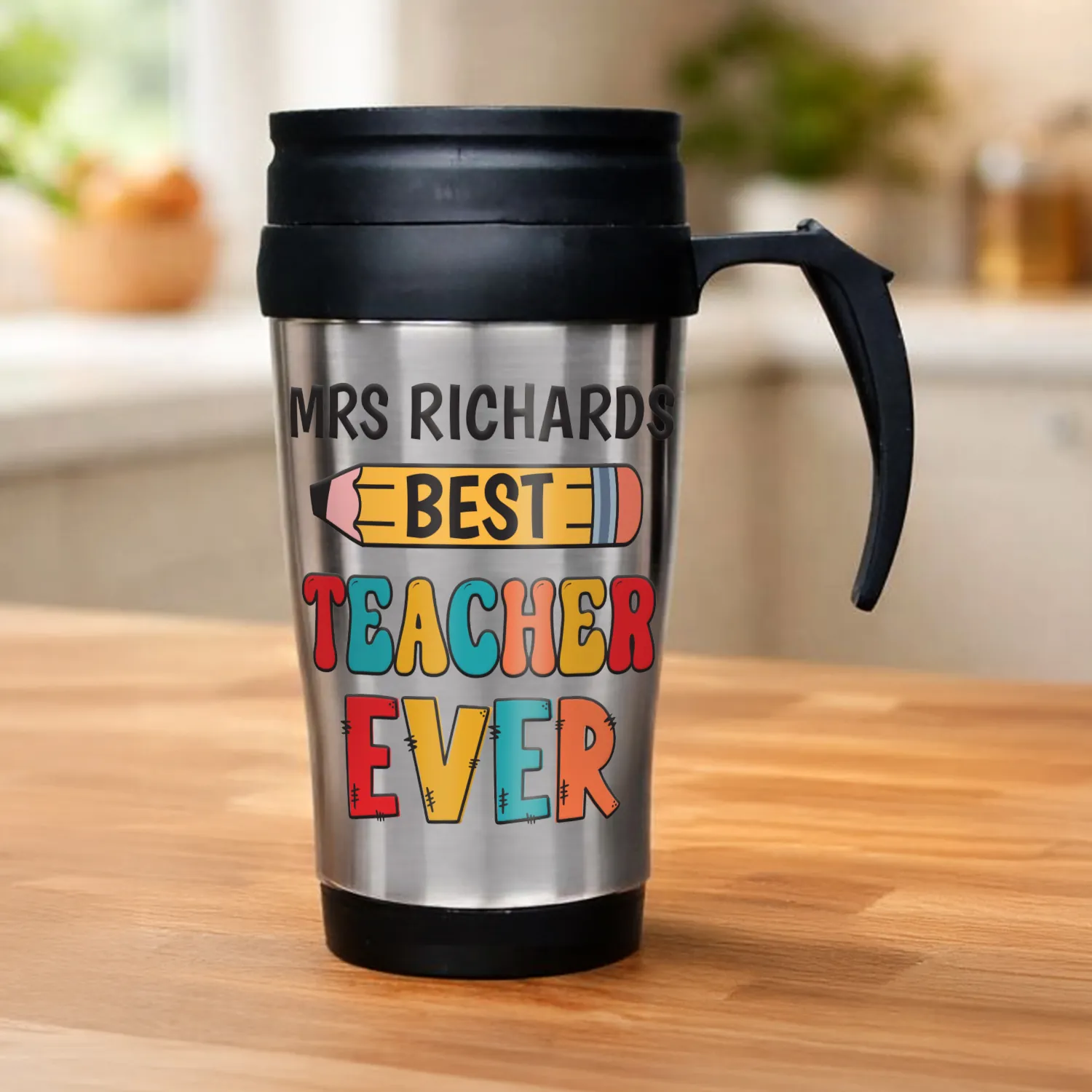 P040404 Personalised 'Best Teacher Ever' Stainless Steel Thermal Travel Mug Personalised 'Best Teacher Ever' Stainless Steel Thermal Travel Mug - Image 1