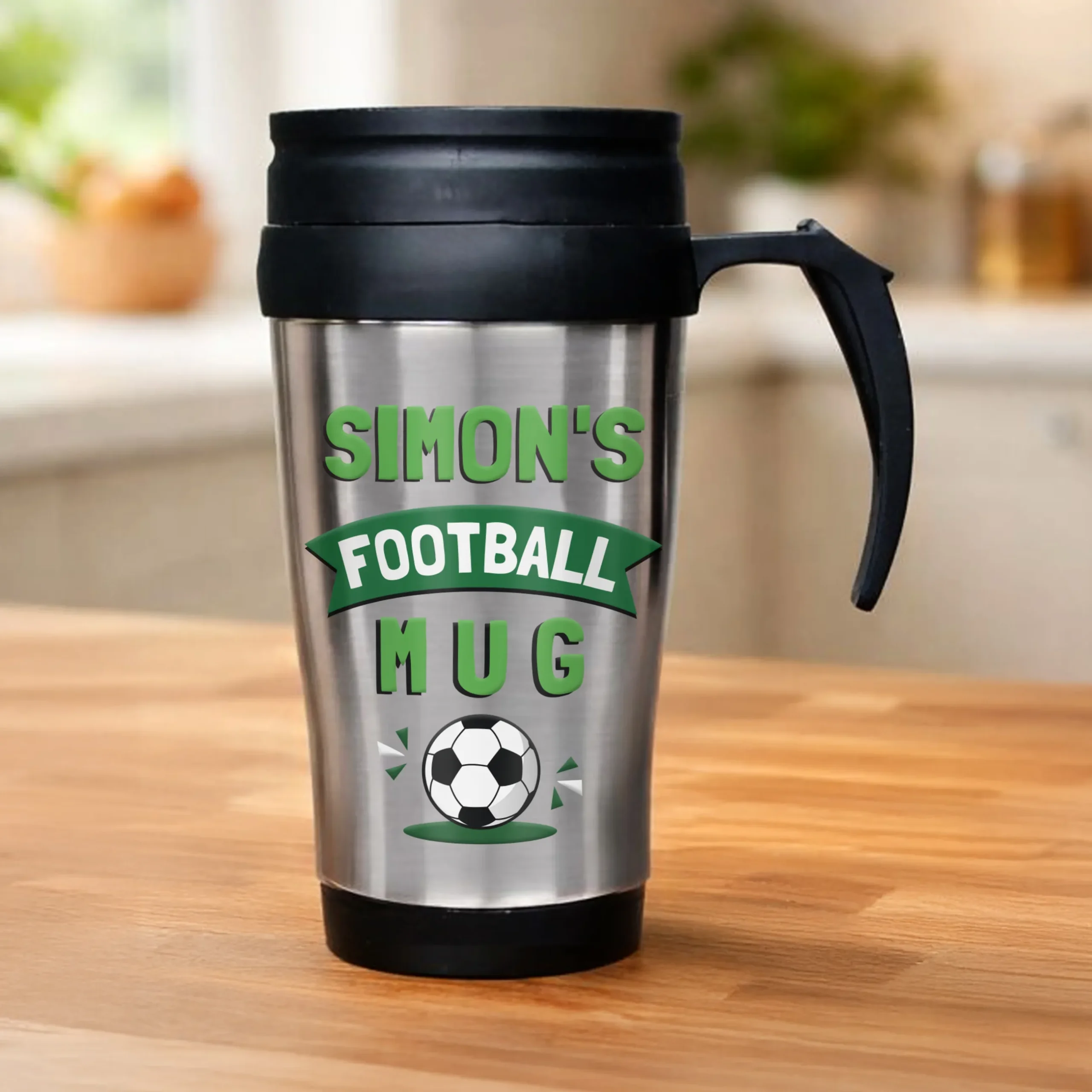 P040405 Personalised 'Football Mug' Stainless Steel Thermal Travel Mug Personalised 'Football Mug' Stainless Steel Thermal Travel Mug - Image 1
