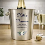 Personalised Blue Text Any Message Floral Design Stainless Steel Ice Bucket - Image 6