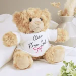 Personalised 'Flower Girl' Pink Bow Motif Plush Teddy Bear - Image 3