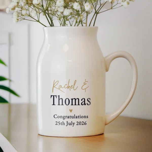 Personalised Any Message Black & Gold Text White Ceramic Flower Jug Vase