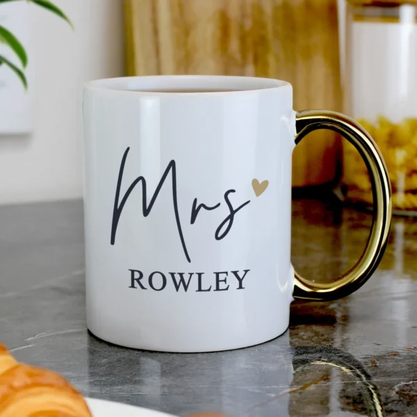 Personalised 'Mrs' Gold Heart Motif Gold Handled Ceramic Mug
