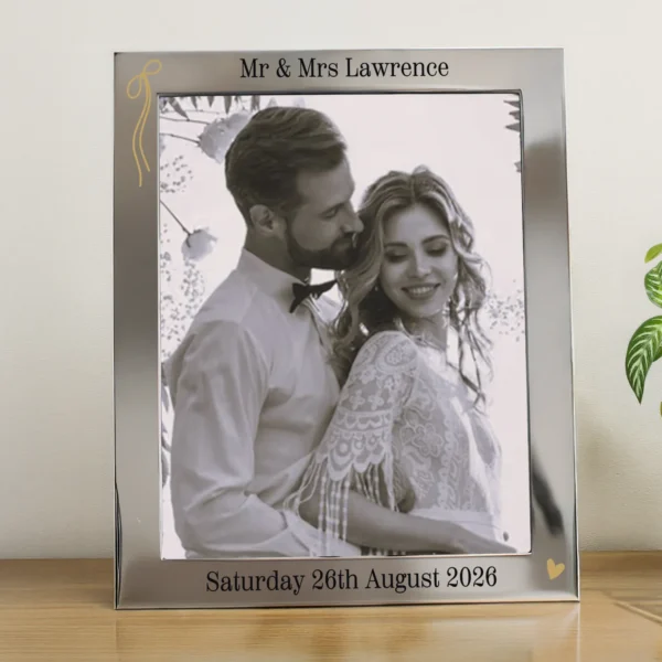 Personalised Any Message Gold Bow & Heart Motif 8x10 Portrait Silver Aluminium Photo Frame