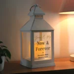 Personalised Any Message Black & Gold Text Rustic White Plastic Light-up Lantern - Image 2