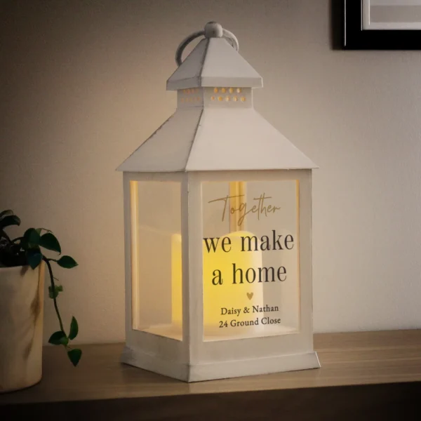 Personalised Any Message Black & Gold Text Rustic White Plastic Light-up Lantern