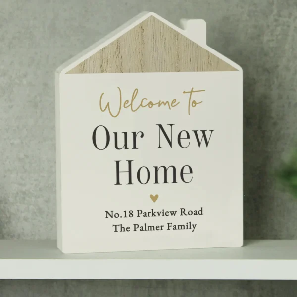 Personalised Any Message Black & Gold Text Wooden House Ornament