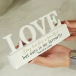Personalised Any Message Black & Gold Text White Wooden Love Ornament - Image 2