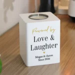Personalised Any Message Black & Gold Text White Wooden Tea Light Candle Holder - Image 2