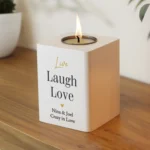 Personalised Any Message Black & Gold Text White Wooden Tea Light Candle Holder - Image 3
