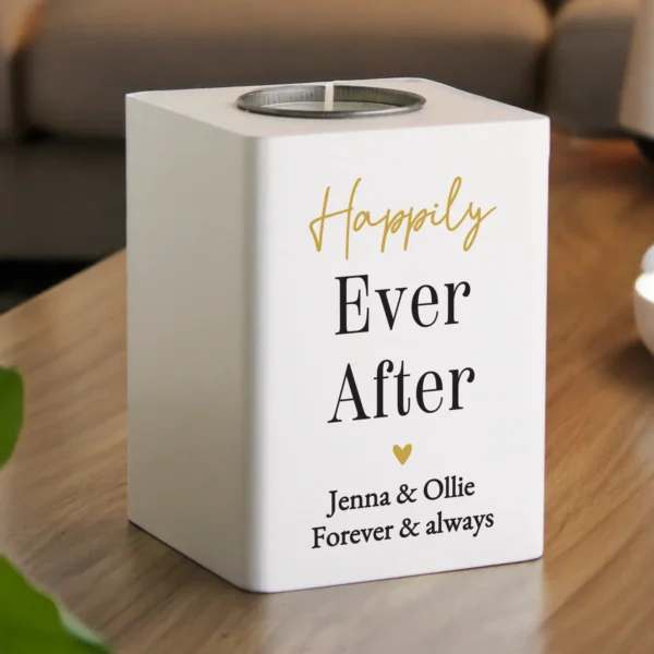 Personalised Any Message Black & Gold Text White Wooden Tea Light Candle Holder