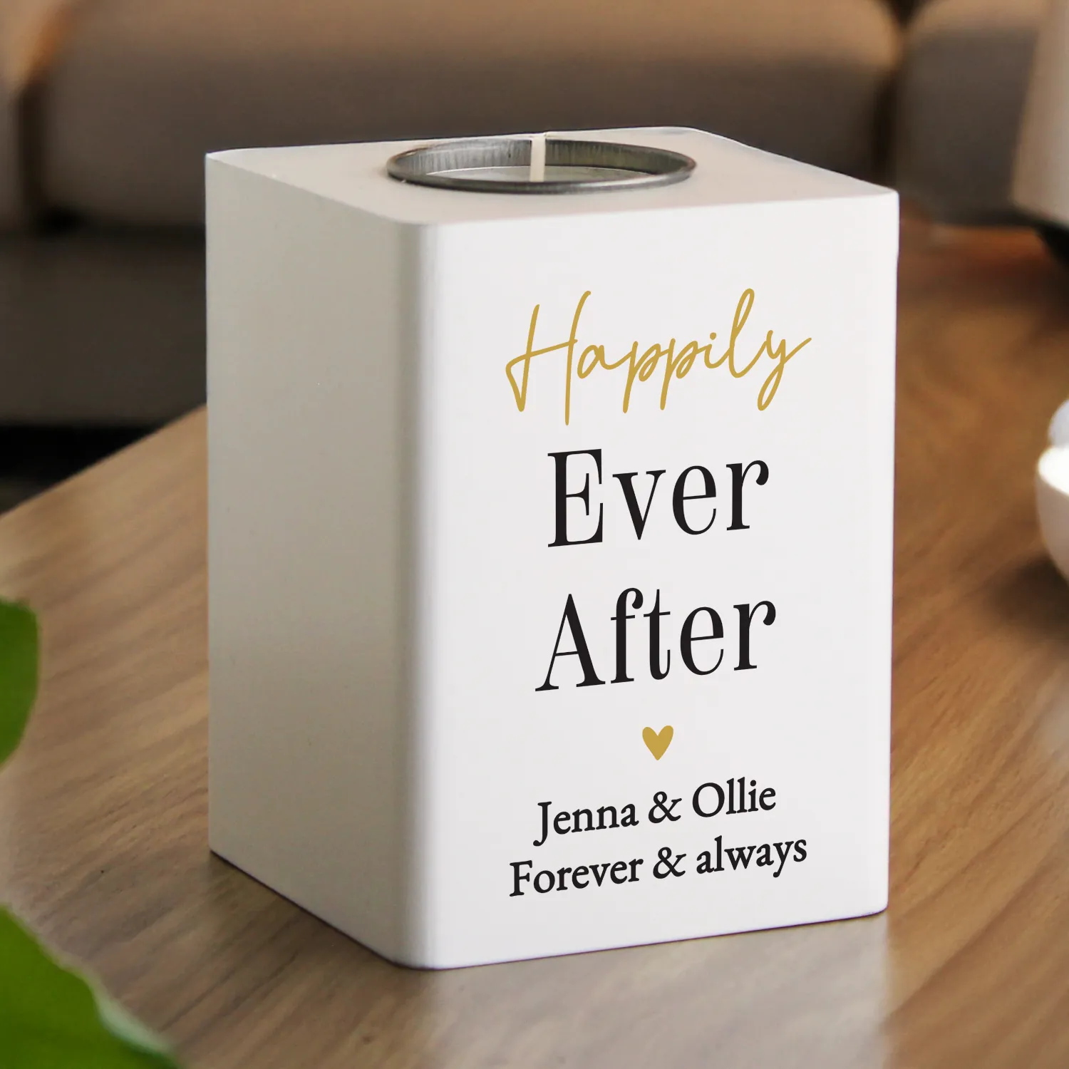 P1011I93 Personalised Any Message Black & Gold Text White Wooden Tea Light Candle Holder Personalised Any Message Black & Gold Text White Wooden Tea Light Candle Holder - Image 1