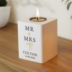 Personalised Any Message Gold Ribbon Motif White Wooden Tea Light Candle Holder - Image 3