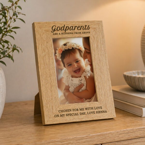 Personalised 'Godparents Are A Blessing From Above' 4x6 Portrait Oak Finish Photo Frame