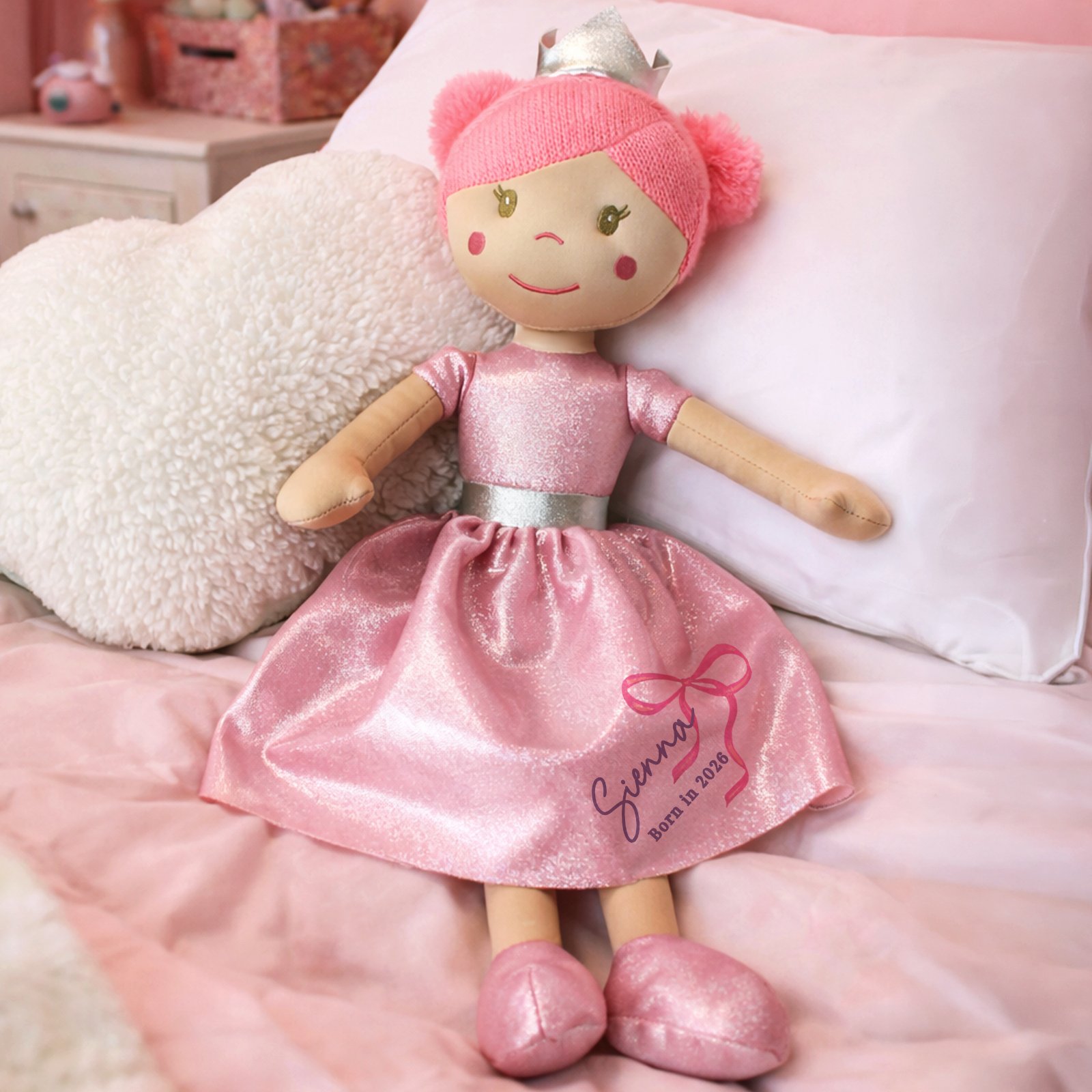 P0810B72 Personalised Bow Motif Pink Princess Ballerina Rag Doll Personalised Bow Motif Pink Princess Ballerina Rag Doll - Image 1