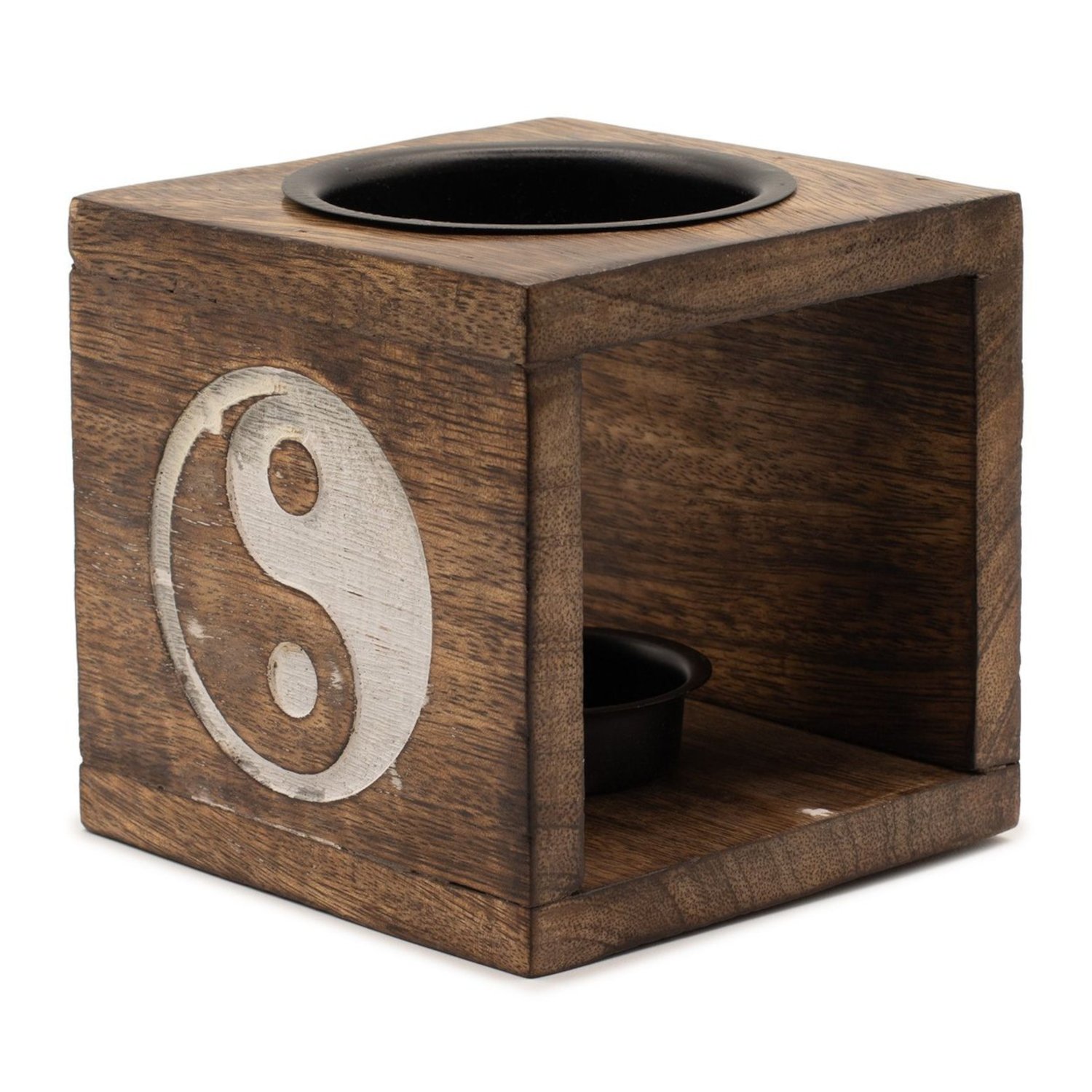 MWOB-06 Ancient Wisdom Yin Yang Design Small Square Mango Wood Oil Burner Ancient Wisdom Yin Yang Design Small Square Mango Wood Oil Burner - Image 1