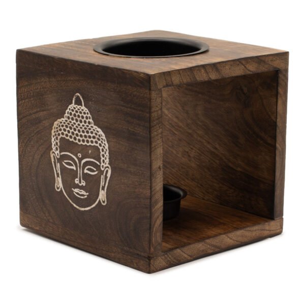 Ancient Wisdom Buddha Face Design Large Square Mango Wood Oil Burner